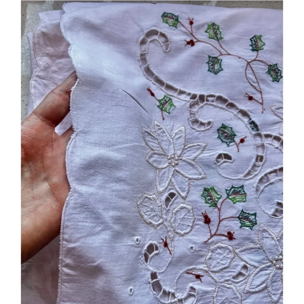 Pale Pink Christmas Tablecloth Embroidered Holly & Berry Cutwork Scalloped edges